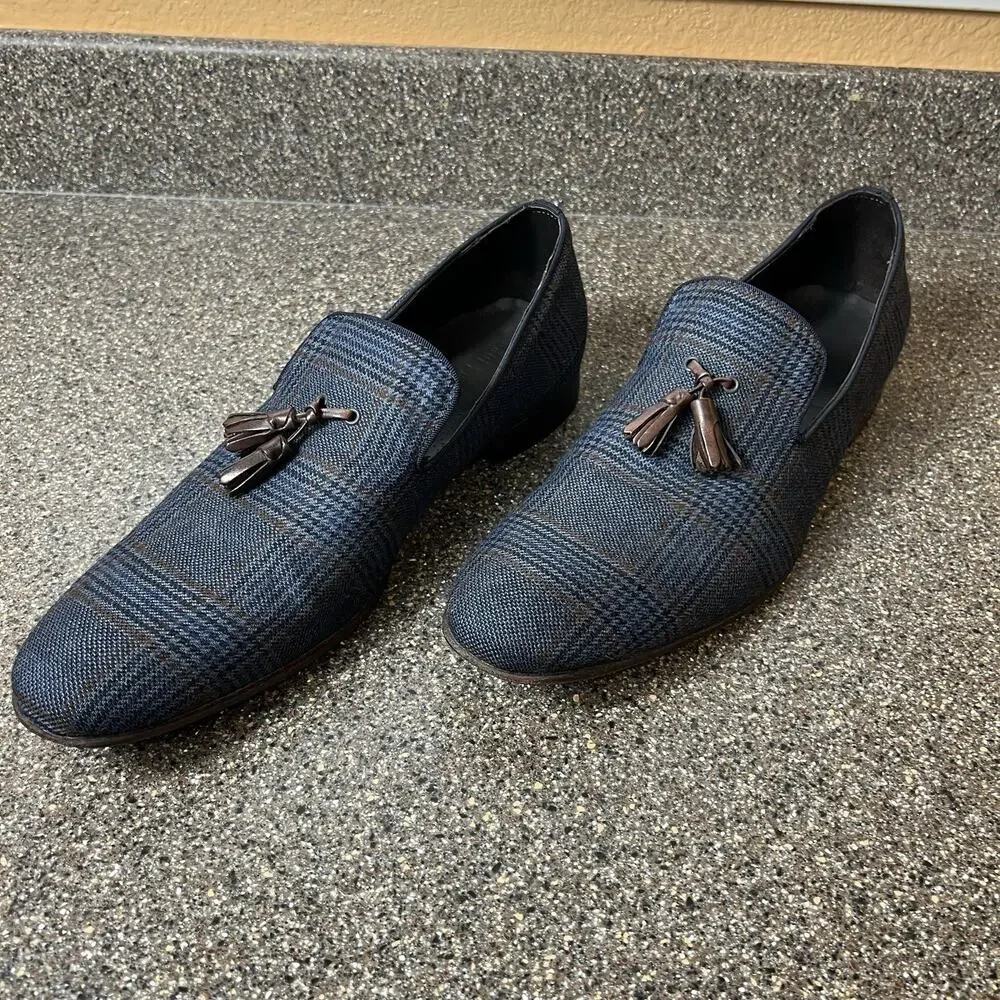 Paul Fredrick Leather Tassel Loafer Mens 13M Navy Brown Plaid Tweed Slip On Shoe